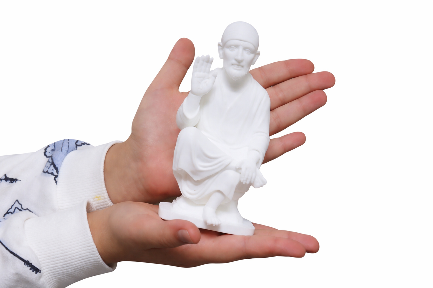 White Sai Baba Miniature Idol – Peaceful 3D Printed Statue for Home & Office