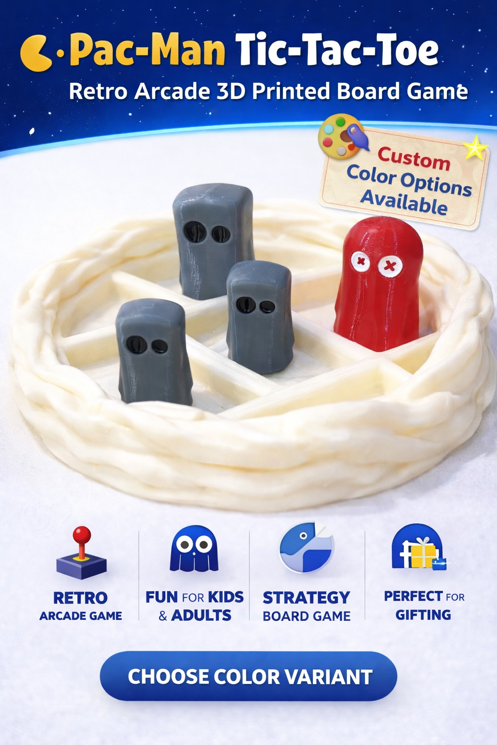 Pac-Man Tic-Tac-Toe Personalized 3D Printed Game | Retro Arcade Board Game