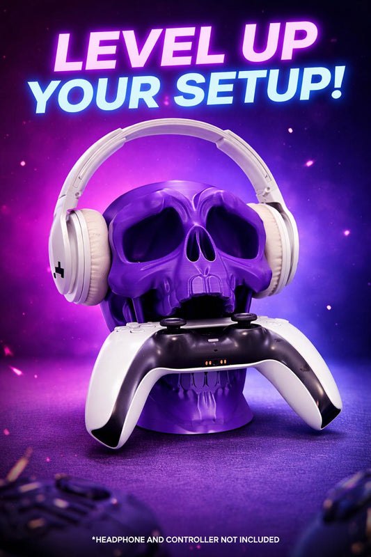 3D Printed Skull Headphone & Controller Holder – Gaming Desk Organizer Stand | Premium Matte Finish | Space Saving Gamer Setup Accessory (Purple)