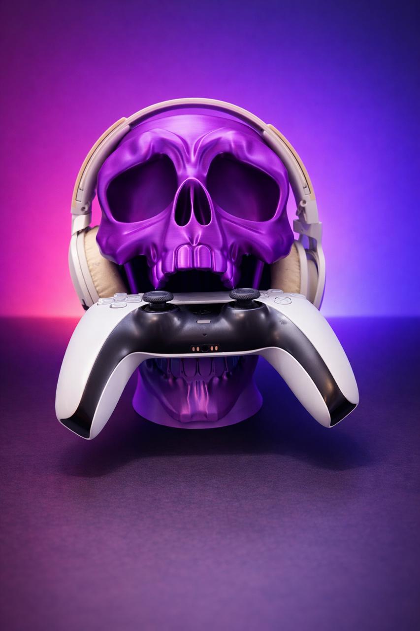 3D Printed Skull Headphone & Controller Holder – Gaming Desk Organizer Stand | Premium Matte Finish | Space Saving Gamer Setup Accessory (Purple)