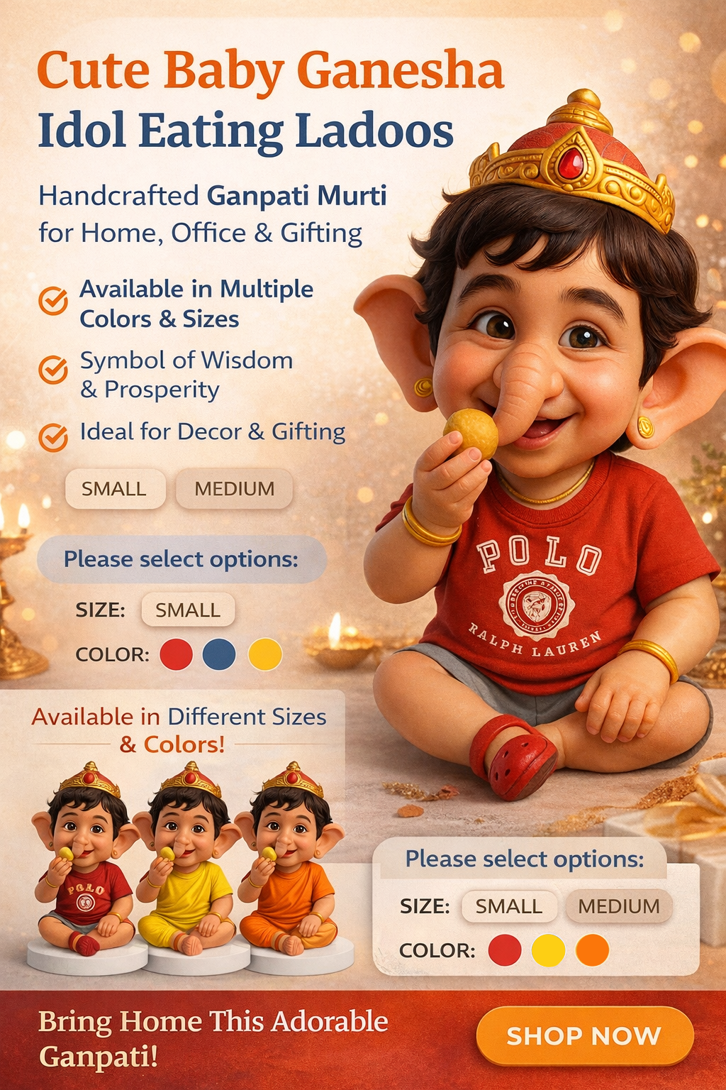 Cute Baby Ganesha Idol Eating Ladoos | Handcrafted Ganpati Murti for Home, Office & Gifting