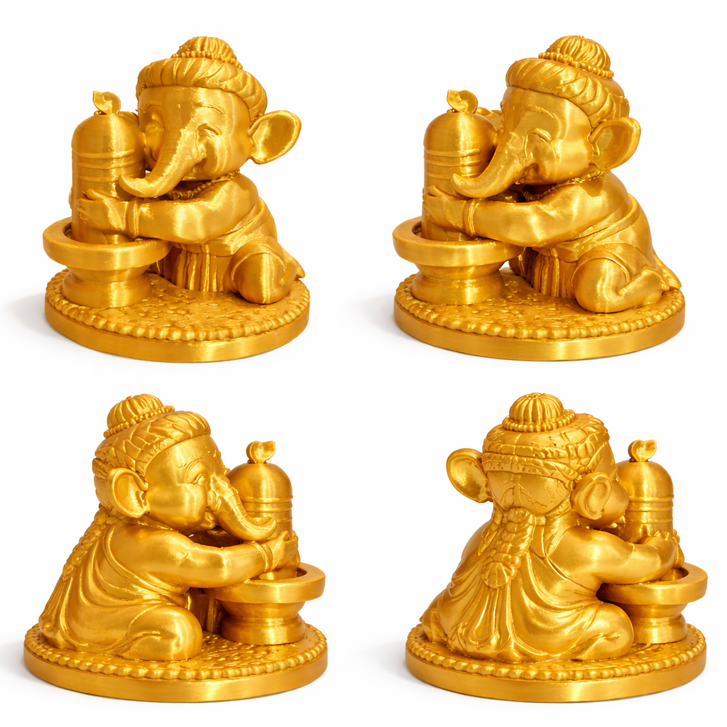 Golden Ganesha Hugging Shivling – 3D Printed Spiritual Idol