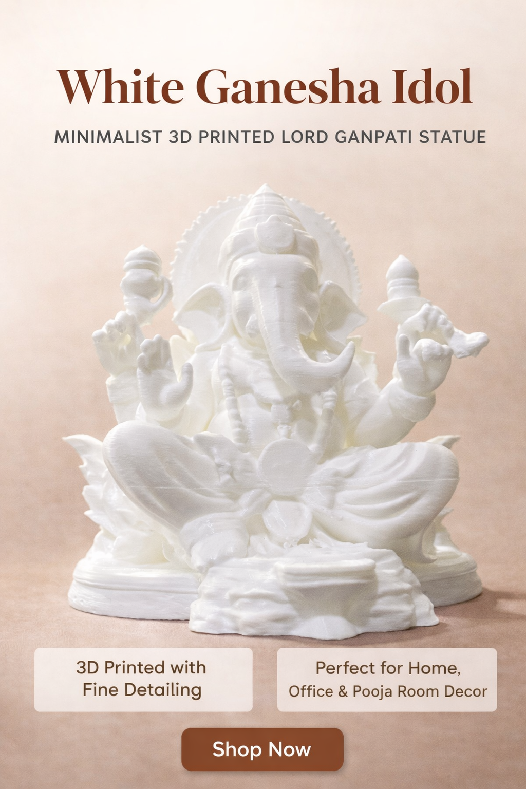 White Ganesha Idol – Minimalist 3D Printed Lord Ganpati Statue