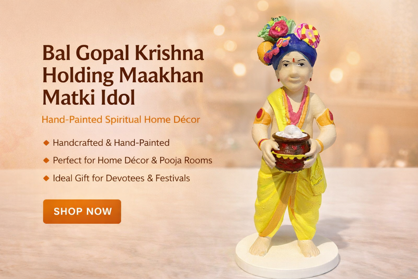 Bal Gopal Krishna Holding Maakhan Matki Idol – Hand-Painted Spiritual Home Décor