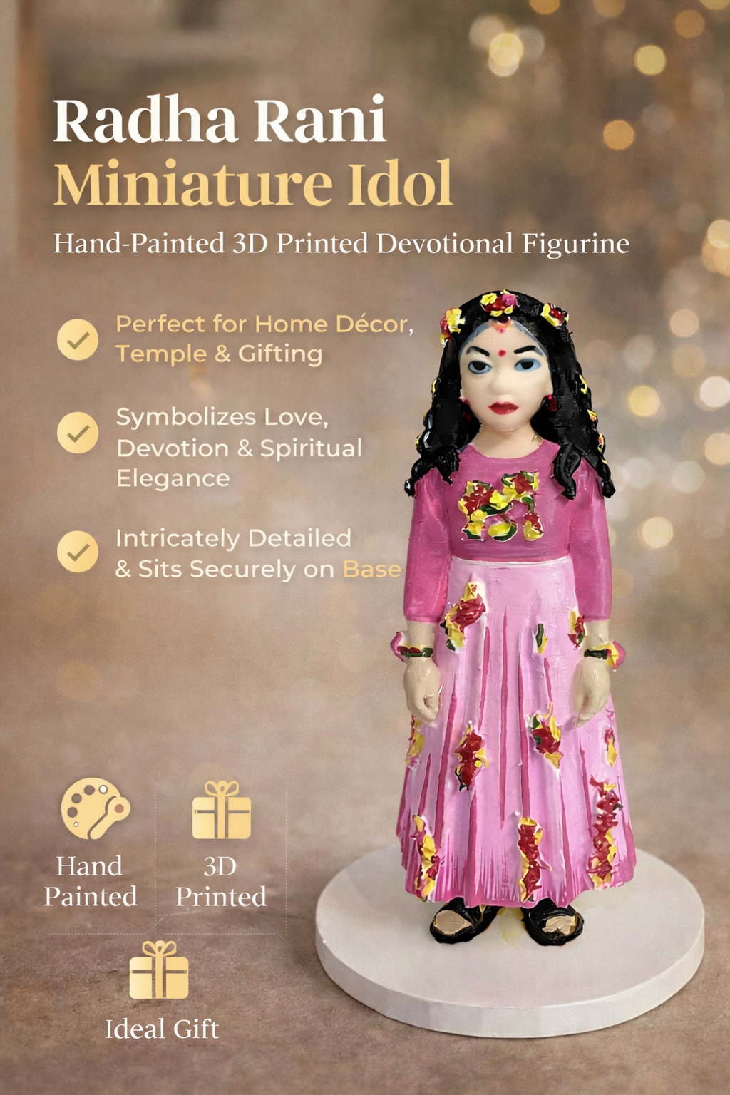 Radha Rani Miniature Idol – Hand-Painted 3D Printed Devotional Figurine for Home Décor
