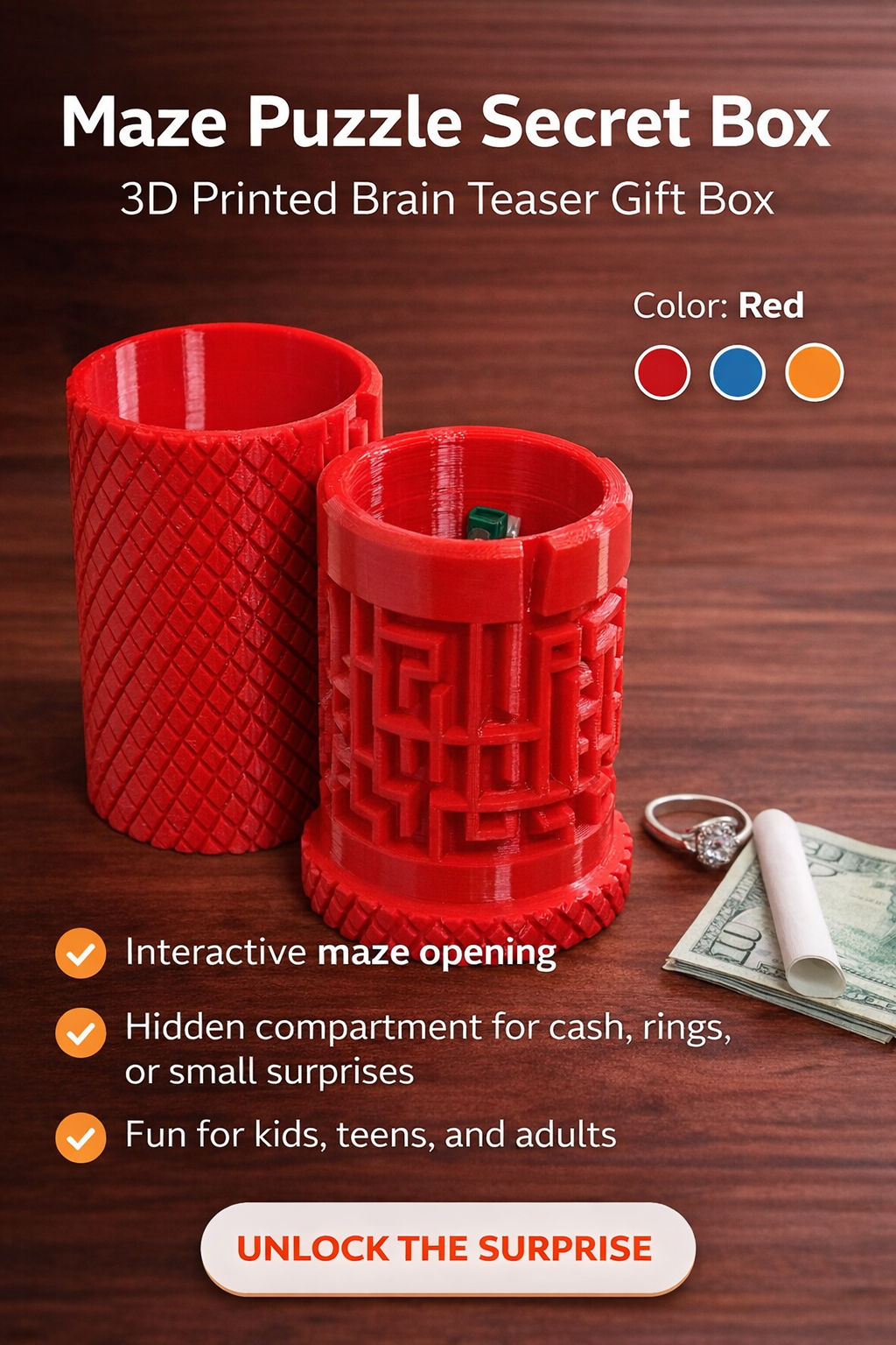 Maze Puzzle Secret Box – Red | 3D Printed Brain Teaser Gift Box