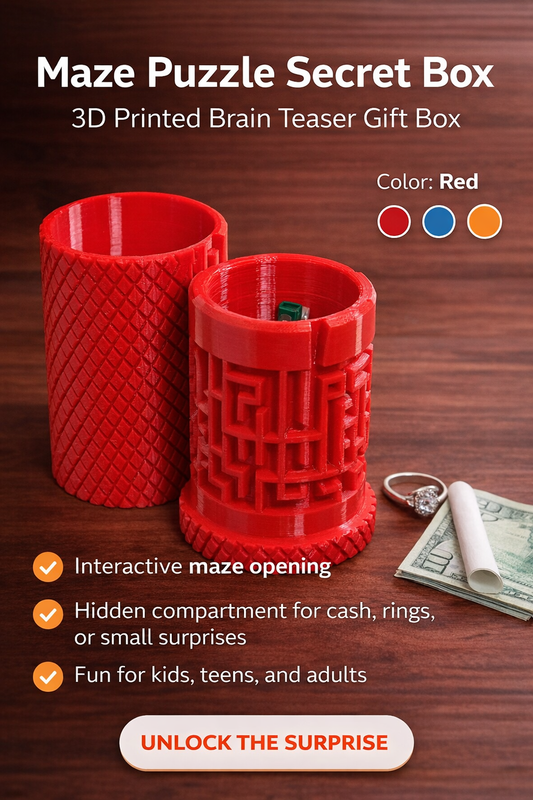 Maze Puzzle Secret Box – Red | 3D Printed Brain Teaser Gift Box