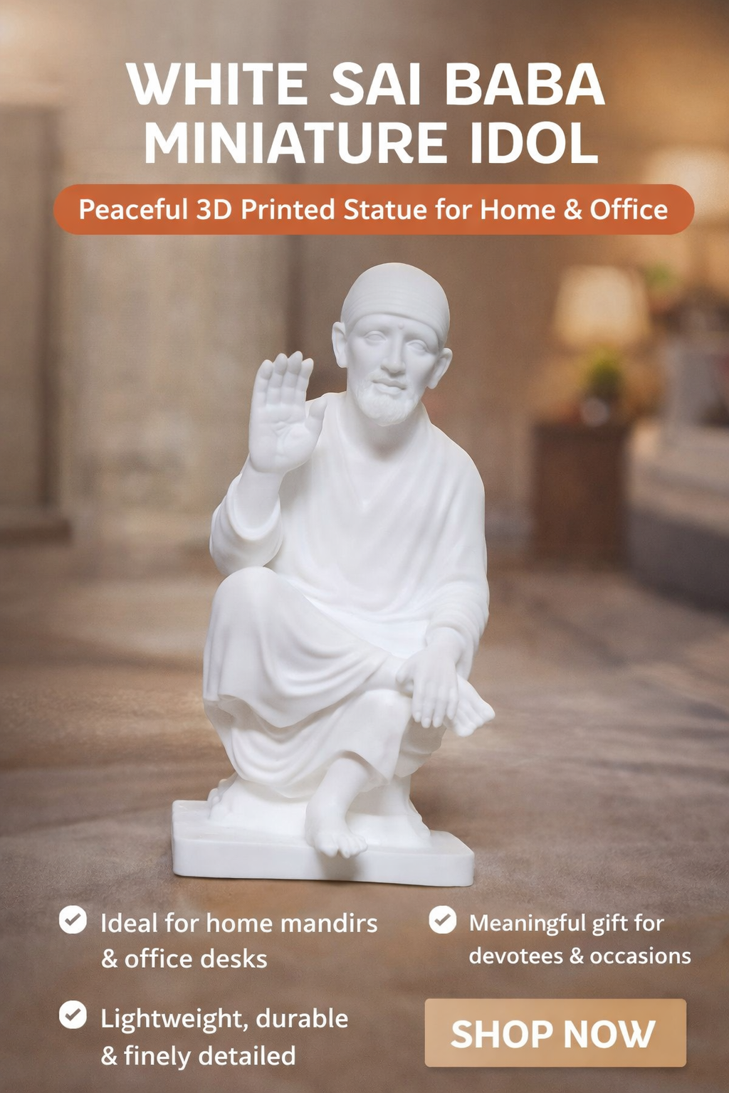 White Sai Baba Miniature Idol – Peaceful 3D Printed Statue for Home & Office